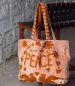 Punch needle embroidered PEACE canvas tote bag, peach colorway, handmade in India – BUI119