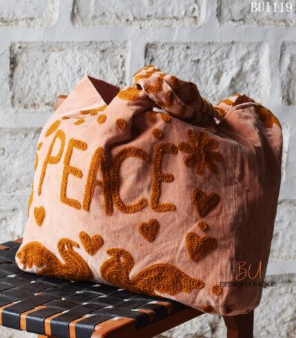 Punch needle embroidered PEACE canvas tote bag, peach colorway, handmade in India – BUI119