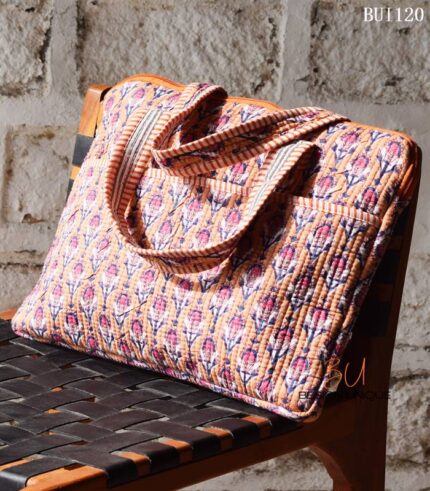 Kantha quilted block print laptop bag with front pocket, handmade in India – BUI120