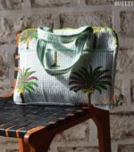Palm tree print quilted laptop tote bag with lime trim, handmade in India – BUI121