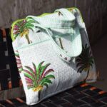 Palm tree print quilted laptop tote bag with lime trim, handmade in India – BUI121