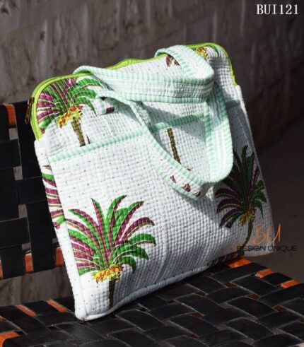 Palm tree print quilted laptop tote bag with lime trim, handmade in India – BUI121