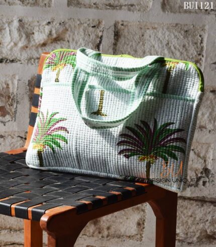 Palm tree print quilted laptop tote bag with lime trim, handmade in India – BUI121