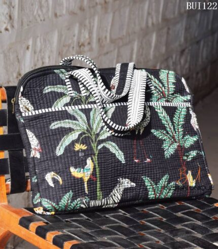 Jungle print quilted laptop tote bag with striped handles, handmade in India – BUI122