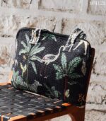 Jungle print quilted laptop tote bag with striped handles, handmade in India – BUI122