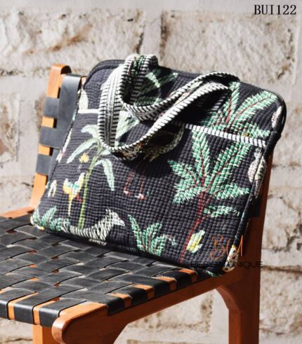Jungle print quilted laptop tote bag with striped handles, handmade in India – BUI122